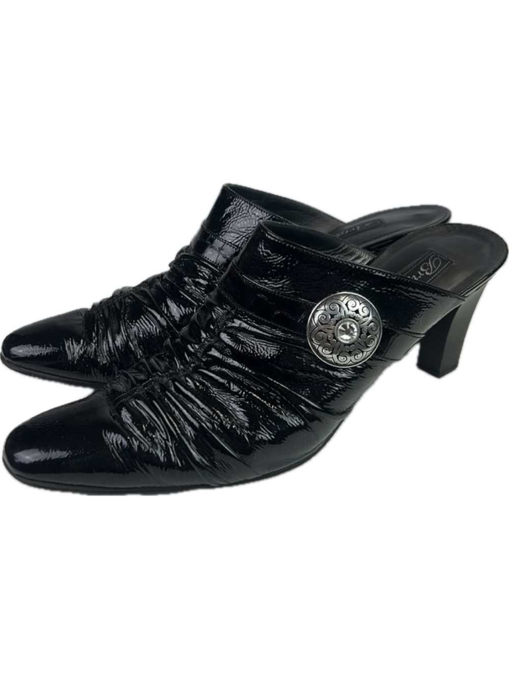 Brighton Italian Womenās Black Patent Leather Rubens Slip-On Heeled Mules Sz 9.5